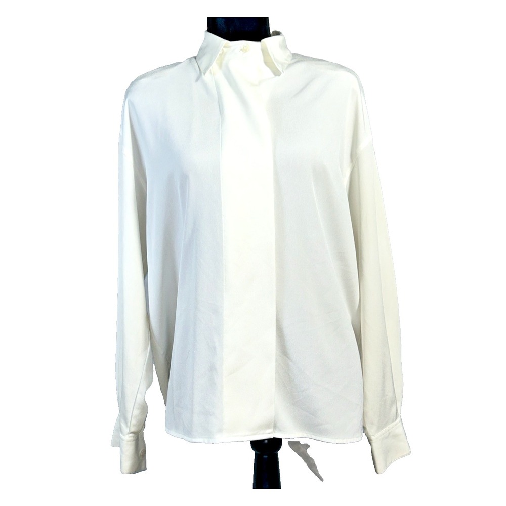 Liz Claiborne Blouse 6 Ivory Hidden Button Pleat Back Long Sl Top Career